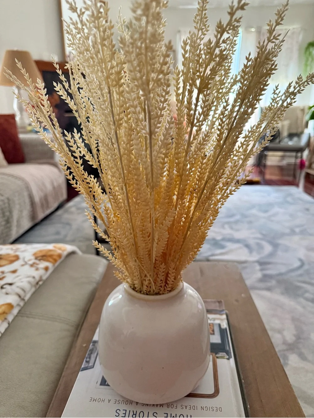 Creamy Faux Fodder Grass Arrangement in White Bud Vase